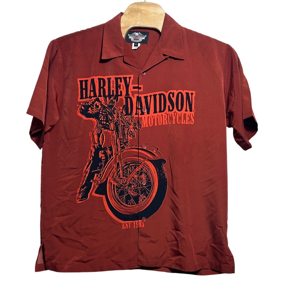 Harley Davidson Vintage 2004 Y2K Mens XL Rust Orange Graphic Button Up‎ Shirt